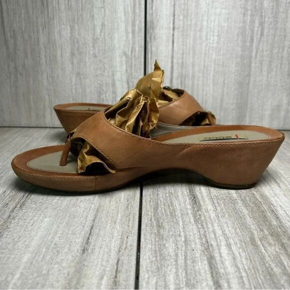 ECCO Brown Leather Slip On Slides Thong Flip Flop Sandals Buckle Women 11 EUR 42 - Picture 3 of 10